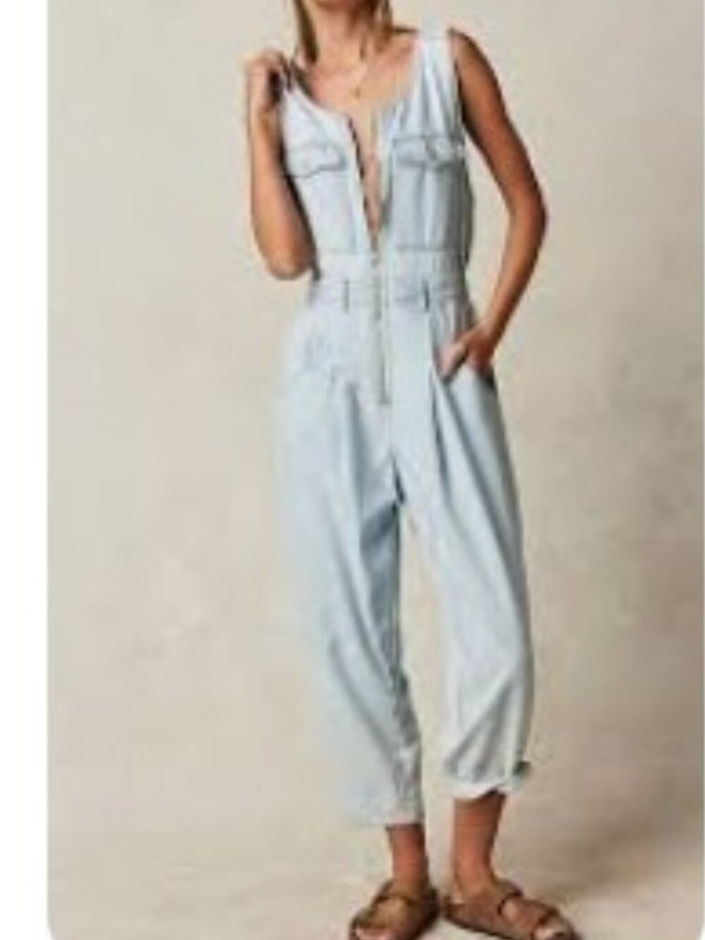 We The Free Cloud 9 Denim Jumpsuit Light Wash Front Zipper Cargo Pockets Large